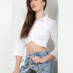 Shein Slit Sleeves Textured Shirt Style Fitted Top with Twisted Front-image-70