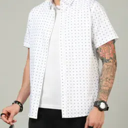 Shein Spread Collar Short Sleeve Micro Print Shirt-image-90