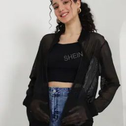 Shein Casual Full Sleeves Mesh Bomber Jacket with 2 Front Insert Pockets-picture-11