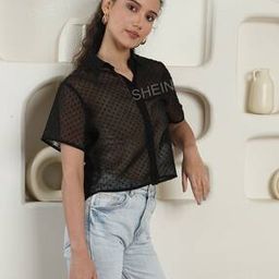 Shein Casual Swiss-Dot Short Sleeve Spread Collar High-Low Hem Shirt-image-66