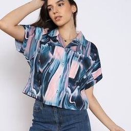Shein Bohemian Abstract Pattern Lapel Collar Short Sleeve Top-image-70