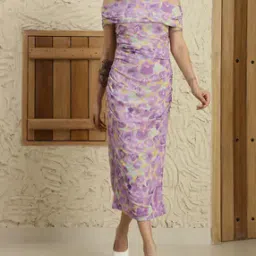 Shein Off Shoulder Floral Print Ruched Midi Split Dress-image-30