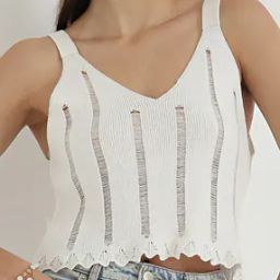 Shein Crop Length Strappy Sleeves Textured Semi Sheer Fitted Top-image-59