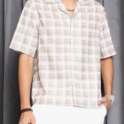 Shein Cuban Collar Short Sleeve Checked Relaxed Fit Shirt-image-22