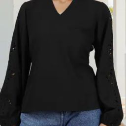 Shein Notched Neck Eyelet Peasant Sleeves Relaxed Fit Top-image-29