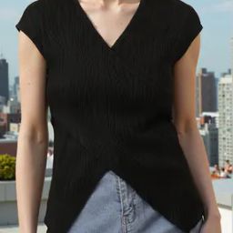 Shein Cap Sleeves Textured Pleated Mock Wrap Relaxed Fit Top-image-53