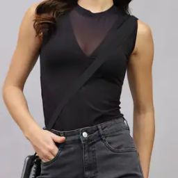 Shein Mock Neck Sheer Panel Sleeveless Bodysuit-image-99