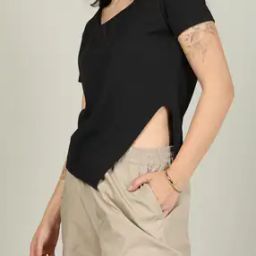 Shein Short Sleeves Asymmetric Hem Textured Slit Top-image-86