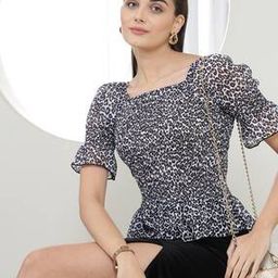 Shein Casual Smocked Animal Pattern Puff Square Neck Blouson Top-image-40