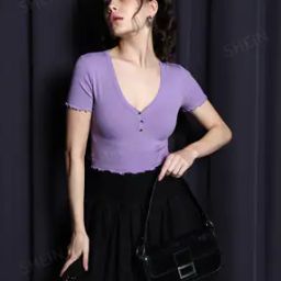 Shein Casual Deep V Neck Curled Hem Ribbed Top with Front Buttons-6