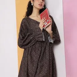 Shein Bohemian Bishop Sleeves Micro Print A-line Dress with Back Knot-image-75