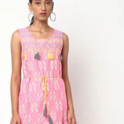 Printed A-line Dress with Tie-Up-image-132
