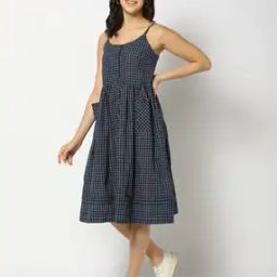 Yarn Dyed Checked Fit & Flare Dress-image-1