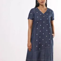 Women Denim Polka Printed Dress-image-77