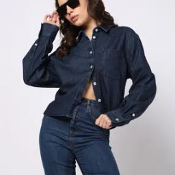 Women Relaxed Fit Denim Crop Shirt with Patch Pocket-image-92