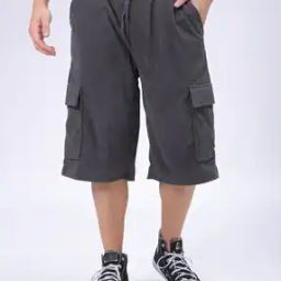 Men Ribbed Loose Fit 3/4th Corduroy Cargo Shorts-image-3