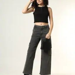 Women Lightly Washed Flared Cargo Jeans-image-86