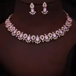 Women Rose Gold-Plated Stone-Studded Necklace & Earrings Set-image-57