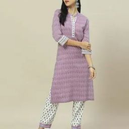 Women Chevron Print Straight Kurta with Pants-picture-0