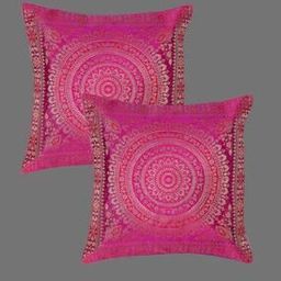 Set of 2 Banarasi Mandala Brocade Cushion Covers 16" x 16"-image-1