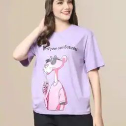 Women Pink Panther Print Oversized Round-Neck T-Shirt-image-80
