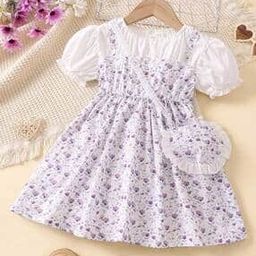 Girls Floral Print A-Line Dress with Bag-picture-27