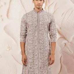 Men Embellished Regular Fit Long Kurta with Mandarin Collar-image-2