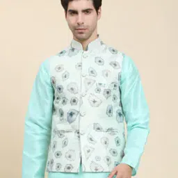 Men Floral Pattern Nehru Jacket with Welt Pockets-image-82