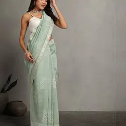 Handblock Bagru Print Linen Saree With Attached Blouse Piece-image-4