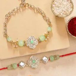 Set of 2 Stone-Studded Pearl-Beaded Tie-Up & Bracelet Rakhis with Roli Rice-image-82