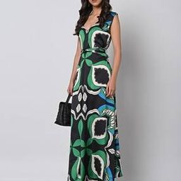 Printed V-Neck A-Line Dress with Belt-image-62