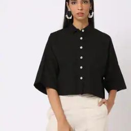 Button-Down Shoulder Cropped Shirt-30
