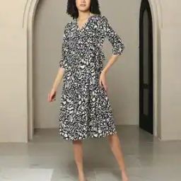 Women Animal Print Wrap Dress with Waist Tie-Up-image-56