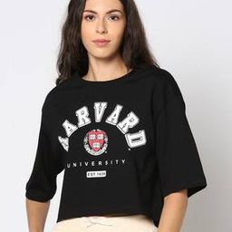 Women Printed Relaxed Fit Crew-Neck Crop T-Shirt-image-2