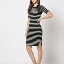 Women Striped Bodycon Dress with Side-Slit-image-101