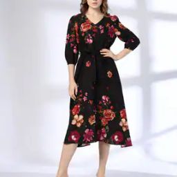 Women Floral Print Fit & Flare Dress with Tie-Up Belt-image-41
