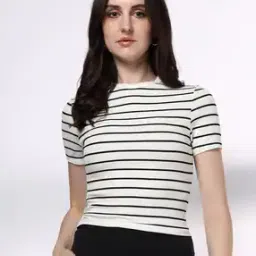 Women Striped Fitted Crew-Neck T-Shirt-image-1