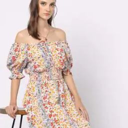 Printed Off-Shoulder A-Line Dress-image-96