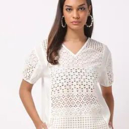 Schiffli Embroidered V-Neck Cotton Top-17