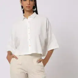 Button-Down Shoulder Cropped Shirt-8