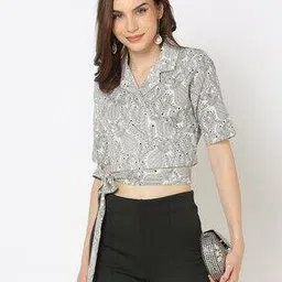 Notched Collar Crop Top with Tie-Up-picture-42