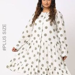 Polka Printed Tiered Dress with Kantha Embroidery-image-8