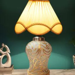 Vintage Cotton Shade Table Lamp with Mosaic Glass Base-11