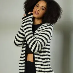 Women Striped Front-Open Cardigan-image-7
