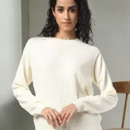Women Ribbed Relaxed Fit Round-Neck Pullover-image-95