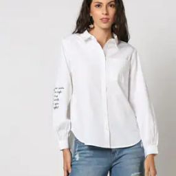 Women Typographic Print Regular Fit Shirt with Patch Pocket-image-30