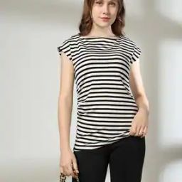 Women Striped Relaxed Fit Crew-Neck T-Shirt-image-96