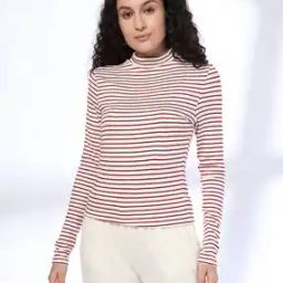 Women Striped Regular Fit Turtleneck T-Shirt-image-91