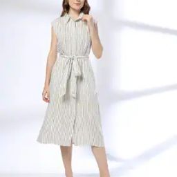 Women Striped Shirt Dress with Tie-Up Belt-image-93