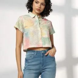 Women Schiffli Embroidered Regular Fit Crop Shirt-image-19